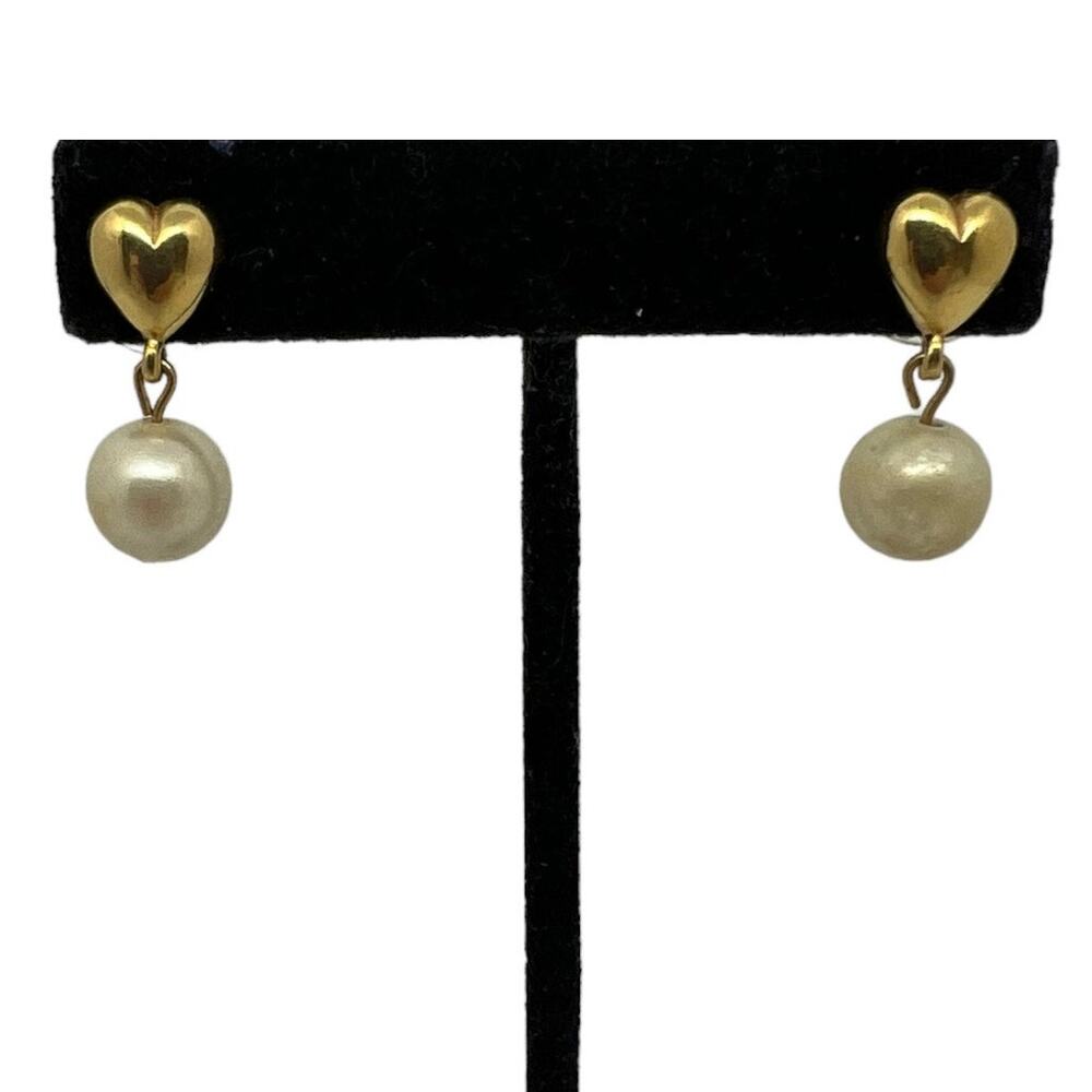 90s Gold Heart Pearl Drop Earrings Romantic Dangle Statement Clip On Love